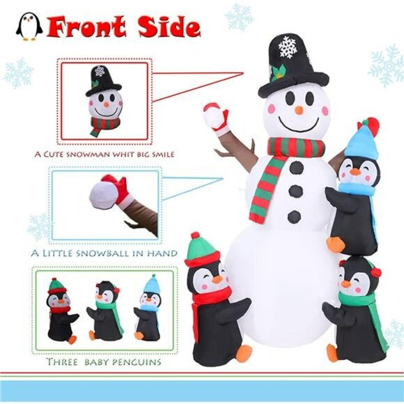 6FT Christmas Inflatables Snowman with Three Penguins, with LED - Picture 3 of 6